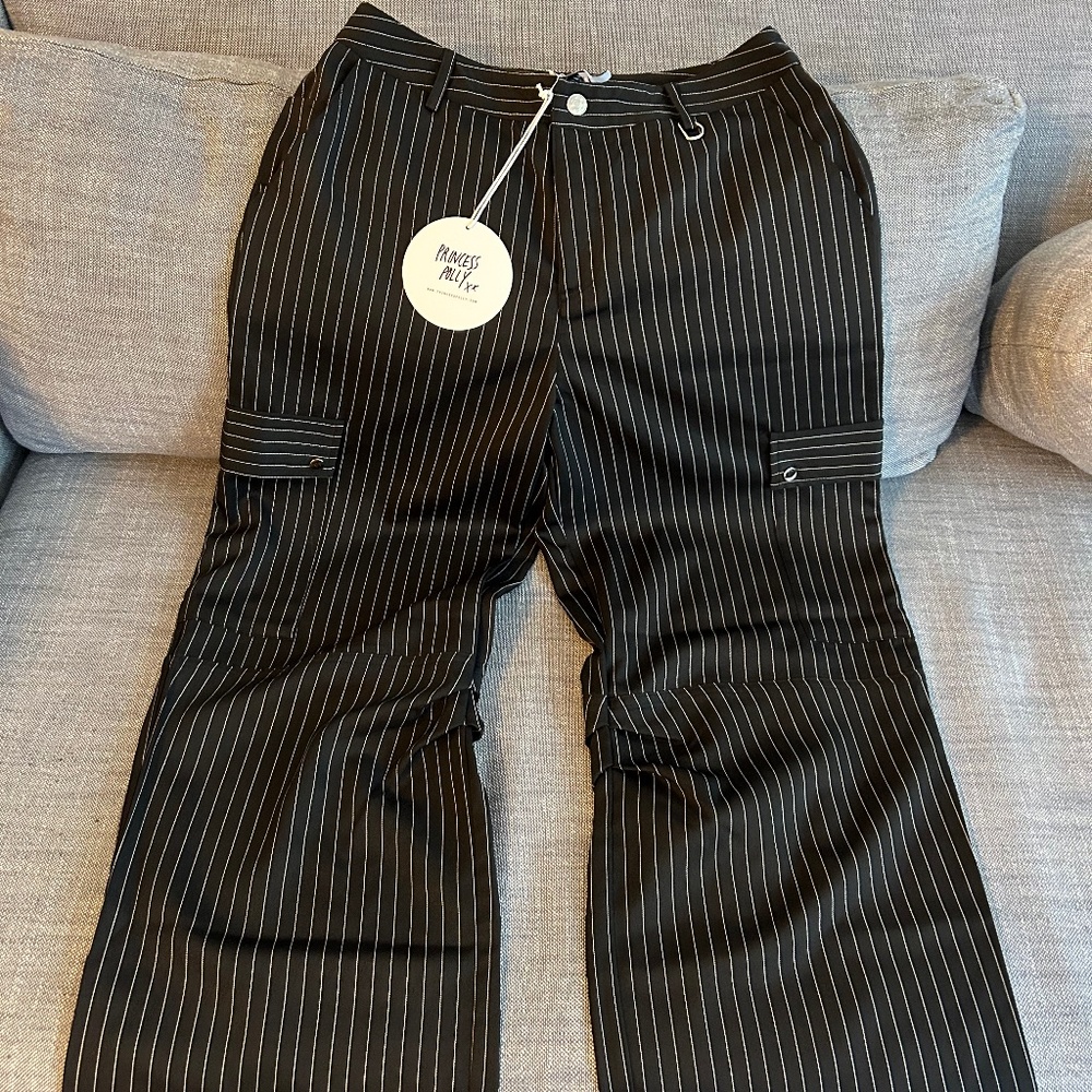 NWT- Princess Polly BOYD PINSTRIPE CARGO PANTS BLACK